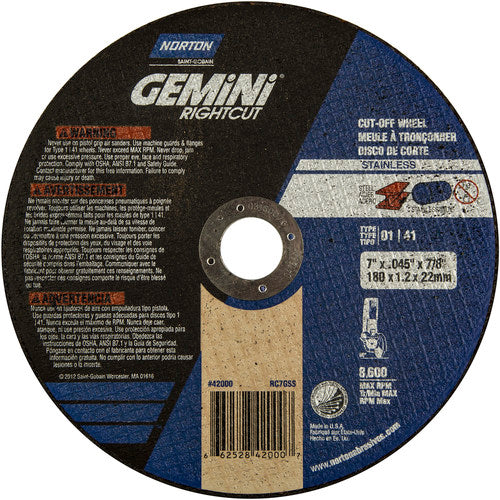 7″ × 0.045″ × 7/8″ Small Diameter Cut-Off Wheel Gemini RightCut SS 60 Grit - Americas Industrial Supply