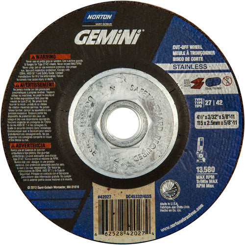 ‎4-1/2 × 3/32 × 5/8 - 11″ Gemini INOX/SS Cutting Wheel A 30 Q BDA Type 27/42 - Americas Industrial Supply