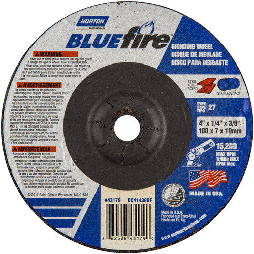 4″ × 1/4″ × 3/8″ BlueFire Non-Woven Depressed Center Wheel Type 27 Zirconia Alumina / Aluminum Oxide - Americas Industrial Supply