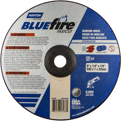 9″ × 1/4″ × 7/8″ BlueFire Non-Woven Depressed Center Wheel Type 27 Zirconia Alumina / Aluminum Oxide - Americas Industrial Supply