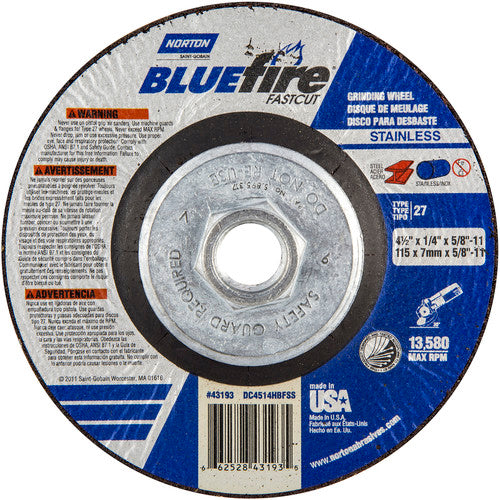 ‎4-1/2″ × 1/4″ × 5/8″ BlueFire Non-Woven Depressed Center Wheel Type 27 - Americas Industrial Supply