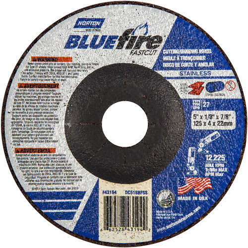 5″ × 1/8″ × 7/8″ BlueFire Non-Woven Depressed Center Wheel Type 27 Zirconia Alumina / Aluminum Oxide - Americas Industrial Supply