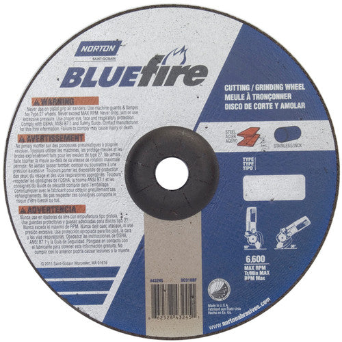 9″ × 1/8″ × 7/8″ BlueFire Non-Woven Depressed Center Wheel Type 27 Zirconia Alumina / Aluminum Oxide - Americas Industrial Supply
