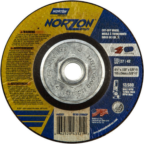 ‎4-1/2″ × 1/8″ × 5/8″-11 NorZon Plus Non-Woven Depressed Center Wheel Type 27 - Americas Industrial Supply