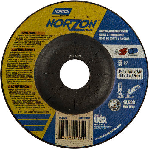 ‎4-1/2″ × 1/8″ × 7/8″ NorZon Plus Non-Woven Depressed Center Wheel Type 27 - Americas Industrial Supply