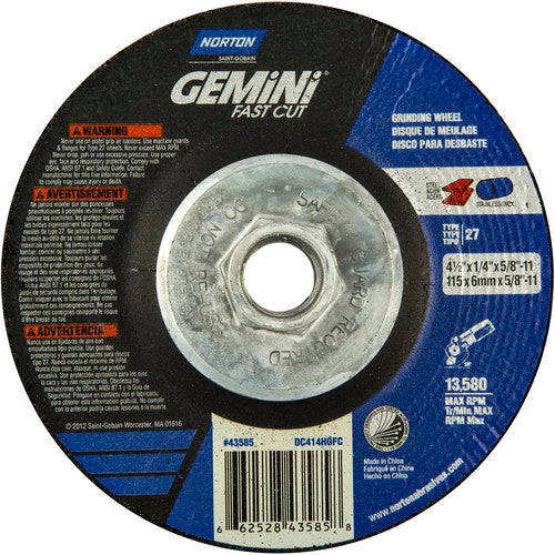 ‎4-1/2 × 1/4 × 5/8 - 11″ Gemini Fast Cut Grinding Wheel A 24 N BDA Type 27 - Americas Industrial Supply