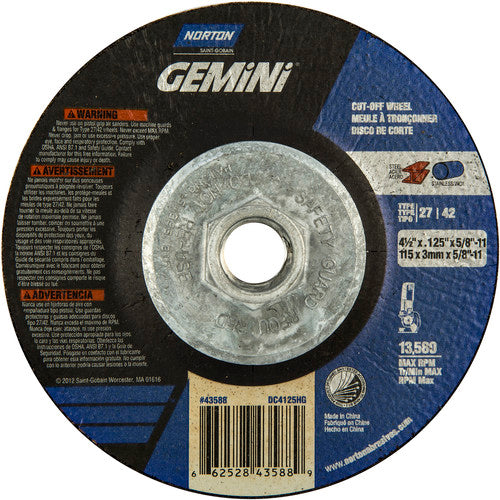 ‎4-1/2 x .125 × 5/8 - 11″ Gemini Cutting Wheel A 24 T BDA3 Type 27/42 - Americas Industrial Supply