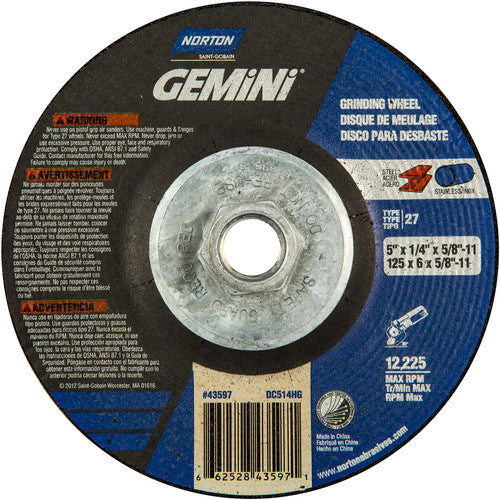 ‎5 × 1/4 × 5/8 - 11″ Gemini Grinding Wheel A 24 S BDA Type 27 - Americas Industrial Supply