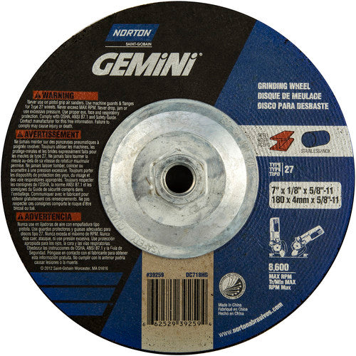 ‎7 × 1/8 × 5/8 - 11″ Gemini Long Life Grinding Wheel A 24 R Type 27 - Americas Industrial Supply
