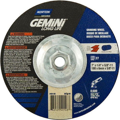 ‎7 × 1/4 × 5/8 - 11″ Gemini Long Life Grinding Wheel A 24 S Type 27 - Americas Industrial Supply