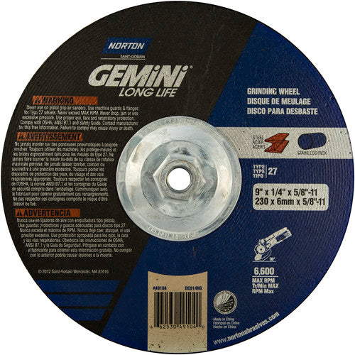 ‎9 × 1/4 × 5/8 - 11″ Gemini Long Life Grinding Wheel A 24 R Type 27 - Americas Industrial Supply