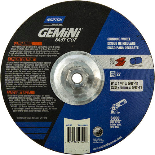 ‎9 × 1/4 × 5/8 - 11″ Gemini Fast Cut Grinding Wheel A 24 N Type 27 - Americas Industrial Supply