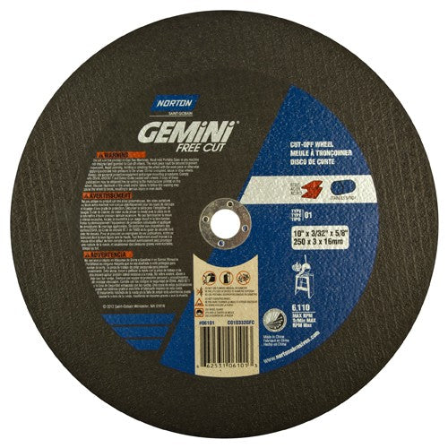 10″ × 0.09375″ × 5/8″ Gemini Stationary Saw Type 01 Straight Cut-Off Wheel Aluminum Oxide - Americas Industrial Supply