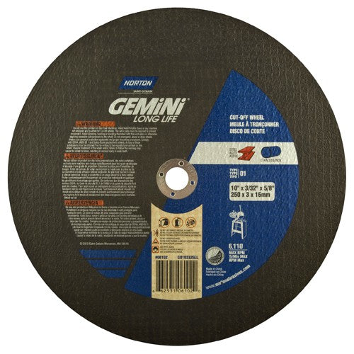 10″ × 0.09375″ × 5/8″ Gemini Stationary Saw Cut-Off Wheel Aluminum Oxide - Americas Industrial Supply