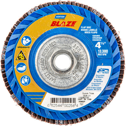 ‎4-1/2 × 5/8 - 11″ Blaze Plastic Flat Flap Disc Type 27 60 Grit R980P Premium Ceramic Alumina - Americas Industrial Supply