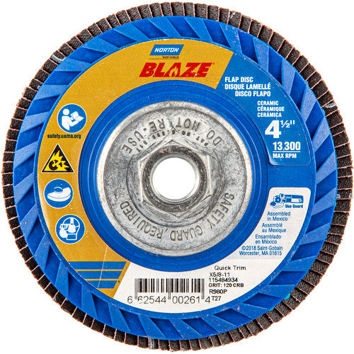 ‎4-1/2 × 5/8 - 11″ Blaze Plastic Flat Flap Disc Type 27 120 Grit R980P Premium Ceramic Alumina - Americas Industrial Supply