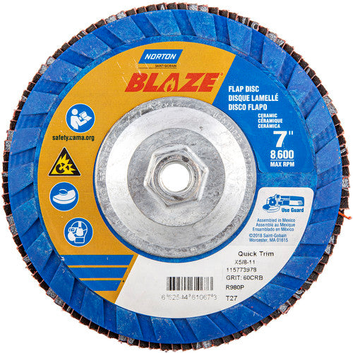 ‎7 × 5/8 - 11″ Blaze Plastic Flat Flap Disc Type 27 60 Grit R980P Premium Ceramic Alumina - Americas Industrial Supply