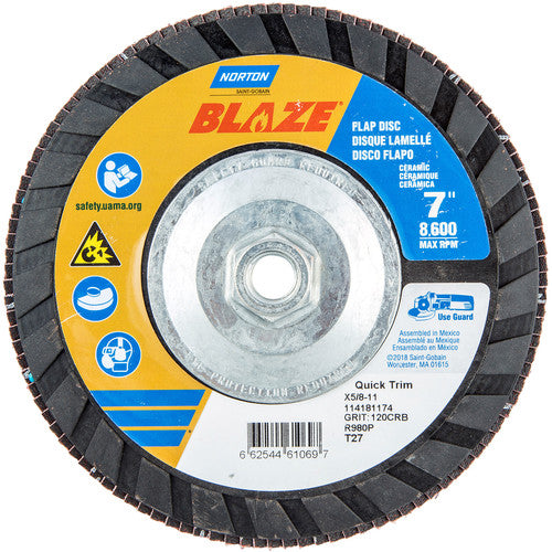 ‎7 × 5/8 - 11″ Blaze Plastic Flat Flap Disc Type 27 120 Grit R980P Premium Ceramic Alumina - Americas Industrial Supply