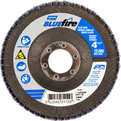 ‎4-1/2 × 7/8″ BlueFire Fiberglass Conical Flap Disc Type 29 P36 Grit R884P Zirconia Alumina - Americas Industrial Supply