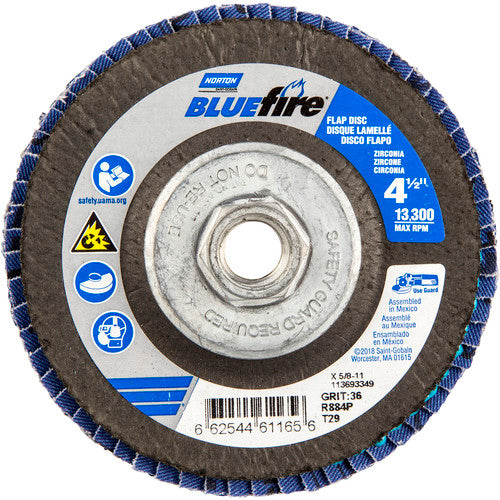 ‎4-1/2 × 5/8 - 11″ BlueFire Fiberglass Conical Flap Disc Type 29 P36 Grit R884P Zirconia Alumina - Americas Industrial Supply
