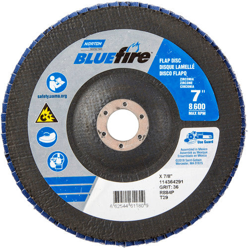 7″ × 1/4″ × 7/8″ NorZon BlueFire R884 Flap Disc Type 29 Conical 36 Grit - Americas Industrial Supply