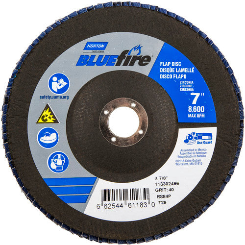 7 × 7/8″ BlueFire Fiberglass Conical Flap Disc Type 29 P40 Grit R884P Zirconia Alumina - Americas Industrial Supply
