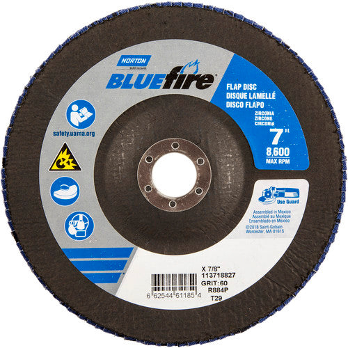 7″ × 1/4″ × 7/8″ NorZon BlueFire R884 Flap Disc Type 29 Conical 60 Grit - Americas Industrial Supply