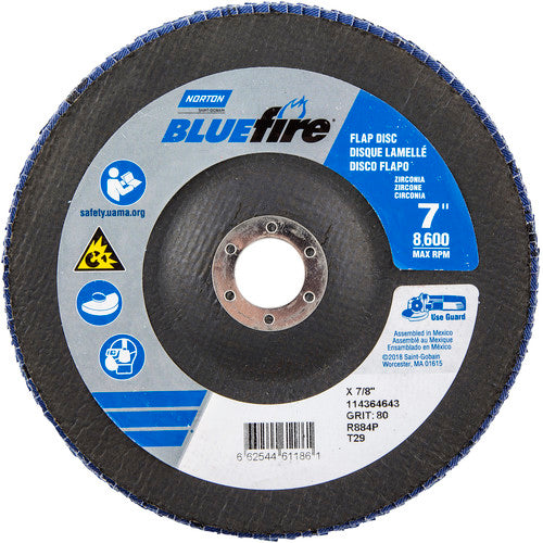 7″ × 1/4″ × 7/8″ NorZon BlueFire R884 Flap Disc Type 29 Conical 80 Grit - Americas Industrial Supply