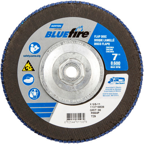7″ × 1/4″ × 5/8″ NorZon BlueFire R884 Flap Disc Type 29 Conical 80 Grit - Americas Industrial Supply
