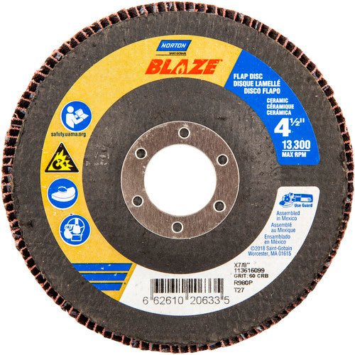 ‎4-1/2 × 7/8″ Blaze Fiberglass HD Flat Flap Disc Type 27 60 Grit R980P Premium Ceramic Alumina - Americas Industrial Supply