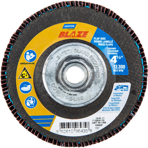 ‎4-1/2 × 5/8 - 11″ Blaze Fiberglass HD Flat Flap Disc Type 27 60 Grit R980P Premium Ceramic Alumina - Americas Industrial Supply
