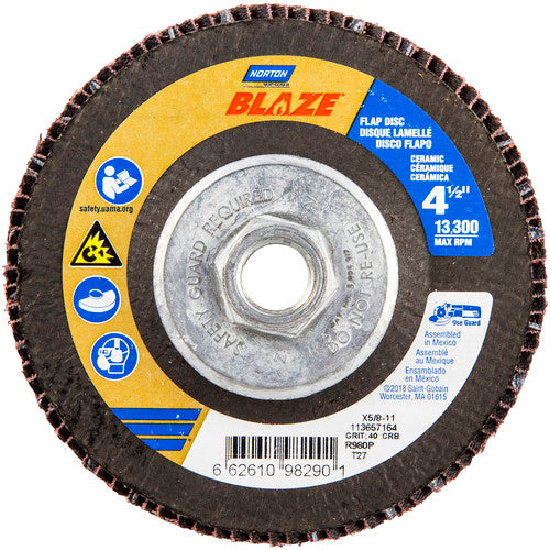 ‎4-1/2 × 5/8 - 11″ Blaze Fiberglass HD Flat Flap Disc Type 27 40 Grit R980P Premium Ceramic Alumina - Americas Industrial Supply