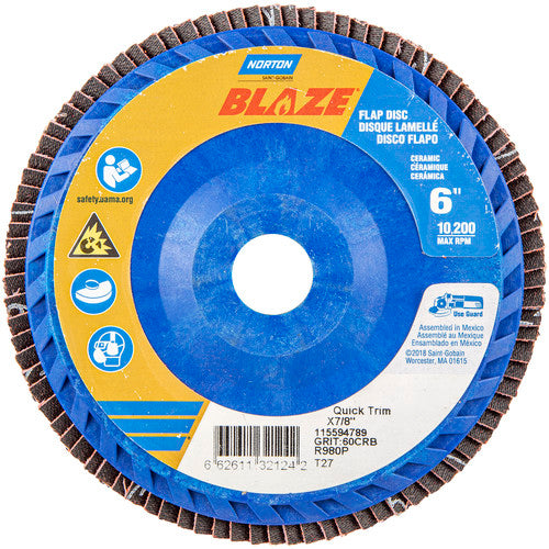 6 × 7/8″ Blaze Plastic Flat Flap Disc Type 27 60 Grit R980P Premium Ceramic Alumina - Americas Industrial Supply