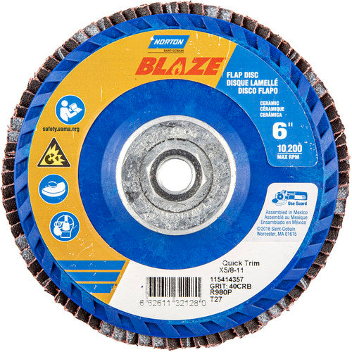 ‎6 × 5/8 - 11″ Blaze Plastic Flat Flap Disc Type 27 40 Grit R980P Premium Ceramic Alumina - Americas Industrial Supply
