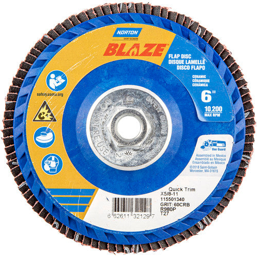 ‎6 × 5/8 - 11″ Blaze Plastic Flat Flap Disc Type 27 60 Grit R980P Premium Ceramic Alumina - Americas Industrial Supply