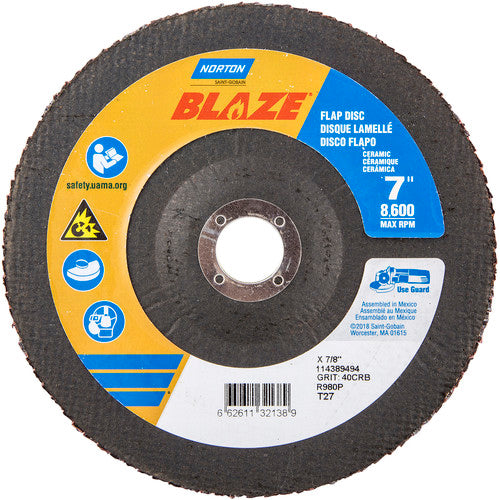 7 × 7/8″ Blaze Fiberglass HD Flat Flap Disc Type 27 40 Grit R980P Premium Ceramic Alumina - Americas Industrial Supply