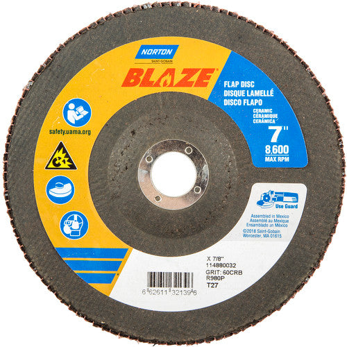 7 × 7/8″ Blaze Fiberglass HD Flat Flap Disc Type 27 60 Grit R980P Premium Ceramic Alumina - Americas Industrial Supply