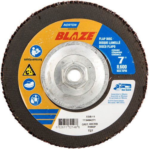 ‎7 × 5/8 - 11″ Blaze Fiberglass HD Flat Flap Disc Type 27 40 Grit R980P Premium Ceramic Alumina - Americas Industrial Supply