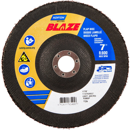 7 × 7/8″ Blaze Fiberglass Conical Flap Disc Type 29 40 Grit R980P Premium Ceramic Alumina - Americas Industrial Supply