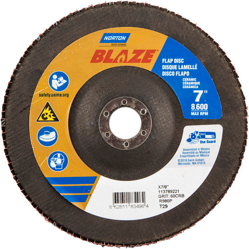 7 × 7/8″ Blaze Fiberglass Conical Flap Disc Type 29 60 Grit R980P Premium Ceramic Alumina - Americas Industrial Supply