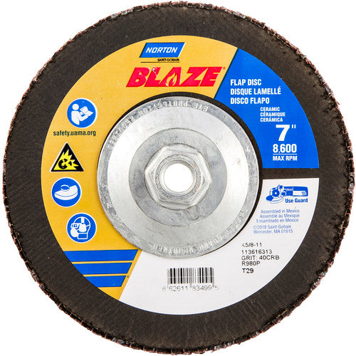 ‎7 × 5/8 - 11″ Blaze Fiberglass Conical Flap Disc Type 29 40 Grit R980P Premium Ceramic Alumina - Americas Industrial Supply
