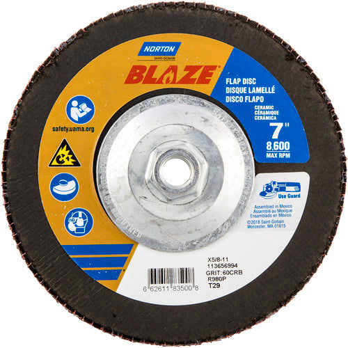 ‎7 × 5/8 - 11″ Blaze Fiberglass Conical Flap Disc Type 29 60 Grit R980P Premium Ceramic Alumina - Americas Industrial Supply