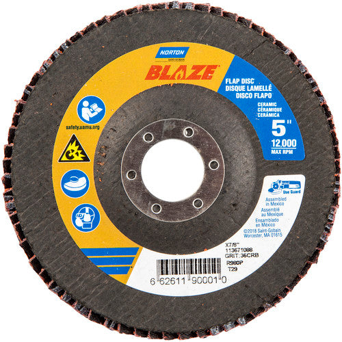5 × 7/8″ Blaze Fiberglass Conical Flap Disc Type 29 36 Grit R980P Premium Ceramic Alumina - Americas Industrial Supply