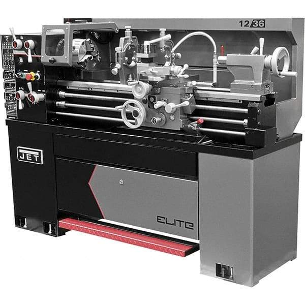 Jet - 12" Swing, 36" Between Centers, 230 Volt, Single or Triple Phase Engine Lathe - 2 hp, 1-9/16" Bore Diam, 30" Deep x 60" High x 71" Long - Americas Industrial Supply