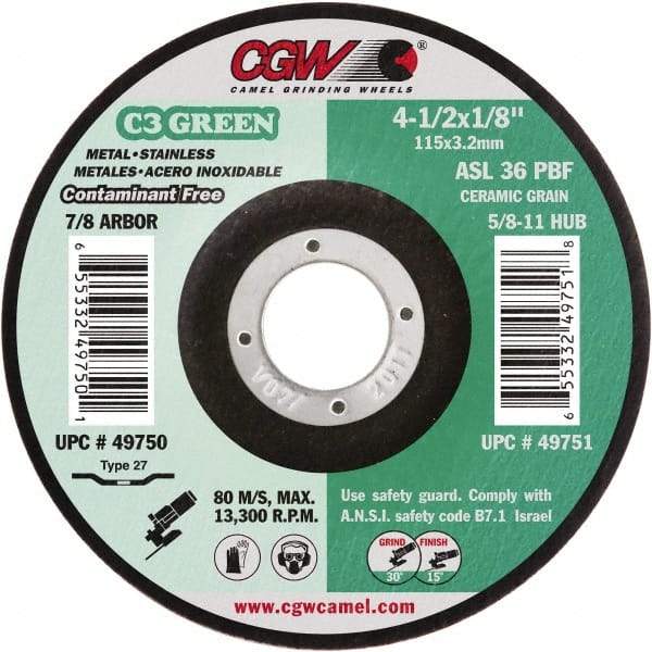Camel Grinding Wheels - 36 Grit, 4-1/2" Wheel Diam, 1/8" Wheel Thickness, 7/8" Arbor Hole, Type 27 Depressed Center Wheel - Medium Grade, Aluminum Oxide, Resinoid Bond, 13,300 Max RPM - Americas Industrial Supply