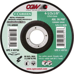 Camel Grinding Wheels - 36 Grit, 4-1/2" Wheel Diam, 1/8" Wheel Thickness, 7/8" Arbor Hole, Type 27 Depressed Center Wheel - Medium Grade, Aluminum Oxide, Resinoid Bond, 13,300 Max RPM - Americas Industrial Supply