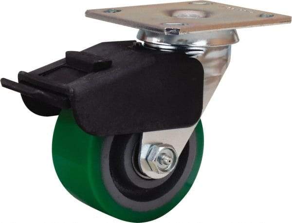 Hamilton - 4" Diam x 2" Wide x 5-5/8" OAH Top Plate Mount Swivel Caster with Brake - Polyurethane Mold onto Cast Iron Center, 750 Lb Capacity, Precision Ball Bearing, 4 x 4-1/2" Plate - Americas Industrial Supply