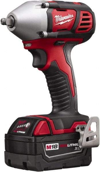 Milwaukee Tool - 3/8" Drive 18 Volt Pistol Grip Cordless Impact Wrench & Ratchet - 0 to 2,200 RPM, 0 to 3,200 BPM, 167 Ft/Lb Torque, 2 Lithium-Ion Batteries Included - Americas Industrial Supply