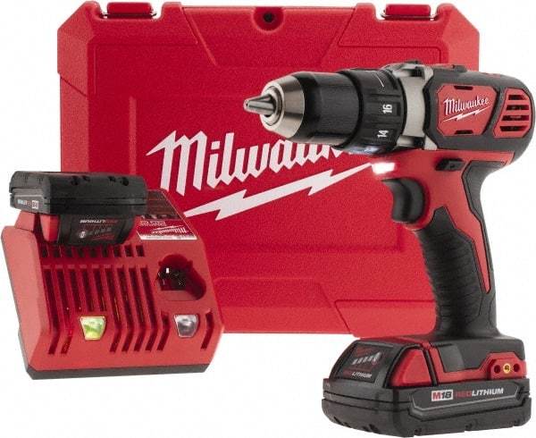 Milwaukee Tool - 18 Volt 1/2" Chuck Pistol Grip Handle Cordless Drill - 0-400 & 0-1800 RPM, Keyless Chuck, Reversible, 2 Lithium-Ion Batteries Included - Americas Industrial Supply