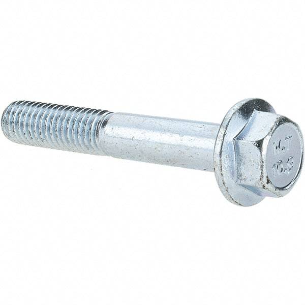 Made in USA - M8x1.25 Metric Coarse, 50mm Length Under Head, Hex Drive Flange Bolt - 30mm Thread Length, Grade 10.9 Alloy Steel, Smooth Flange, Zinc-Plated Finish - Americas Industrial Supply